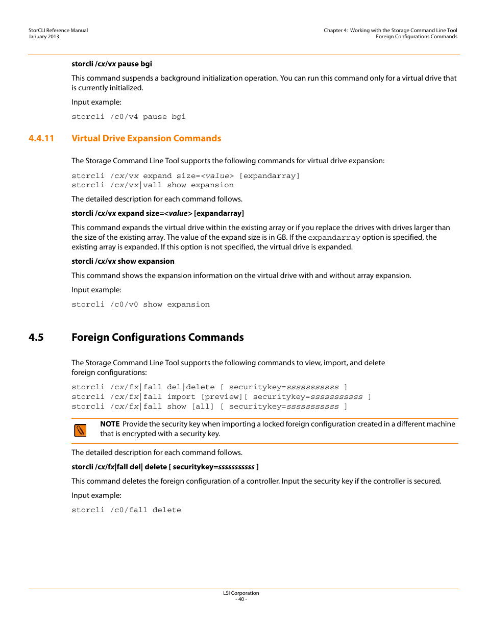 11 virtual drive expansion commands, 5 foreign configurations commands | Avago Technologies MegaRAID SAS 9240-4i User Manual | Page 40 / 80