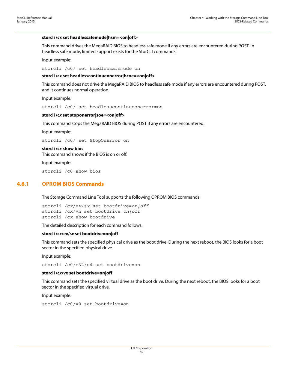 1 oprom bios commands | Avago Technologies MegaRAID SAS 9240-4i User Manual | Page 42 / 80