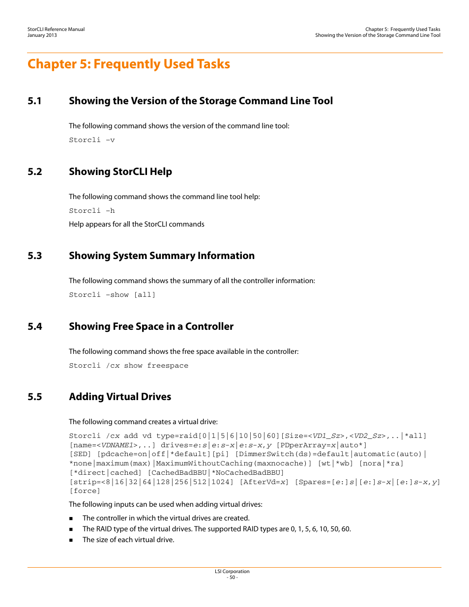 Chapter 5: frequently used tasks, 2 showing storcli help, 3 showing system summary information | 4 showing free space in a controller, 5 adding virtual drives | Avago Technologies MegaRAID SAS 9240-4i User Manual | Page 50 / 80