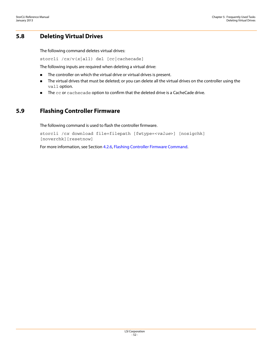 8 deleting virtual drives, 9 flashing controller firmware | Avago Technologies MegaRAID SAS 9240-4i User Manual | Page 52 / 80
