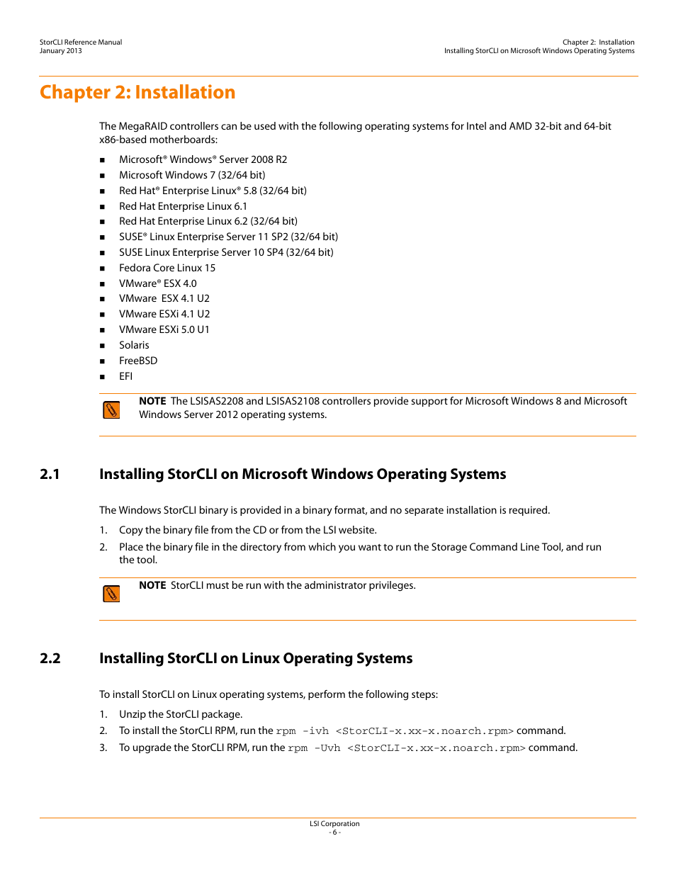 Chapter 2: installation, 2 installing storcli on linux operating systems | Avago Technologies MegaRAID SAS 9240-4i User Manual | Page 6 / 80