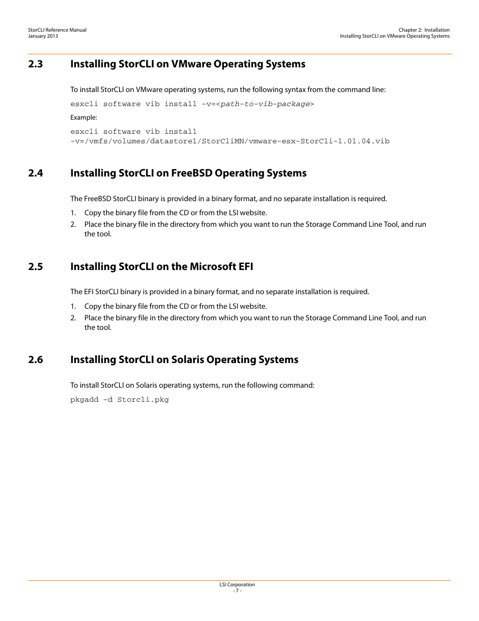 3 installing storcli on vmware operating systems, 4 installing storcli on freebsd operating systems, 5 installing storcli on the microsoft efi | 6 installing storcli on solaris operating systems | Avago Technologies MegaRAID SAS 9240-4i User Manual | Page 7 / 80