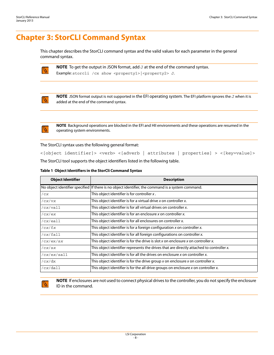 Chapter 3: storcli command syntax | Avago Technologies MegaRAID SAS 9240-4i User Manual | Page 8 / 80