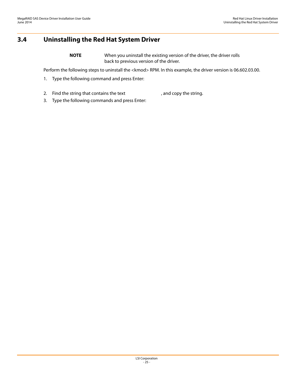 4 uninstalling the red hat system driver | Avago Technologies MegaRAID SAS 9240-4i User Manual | Page 25 / 64