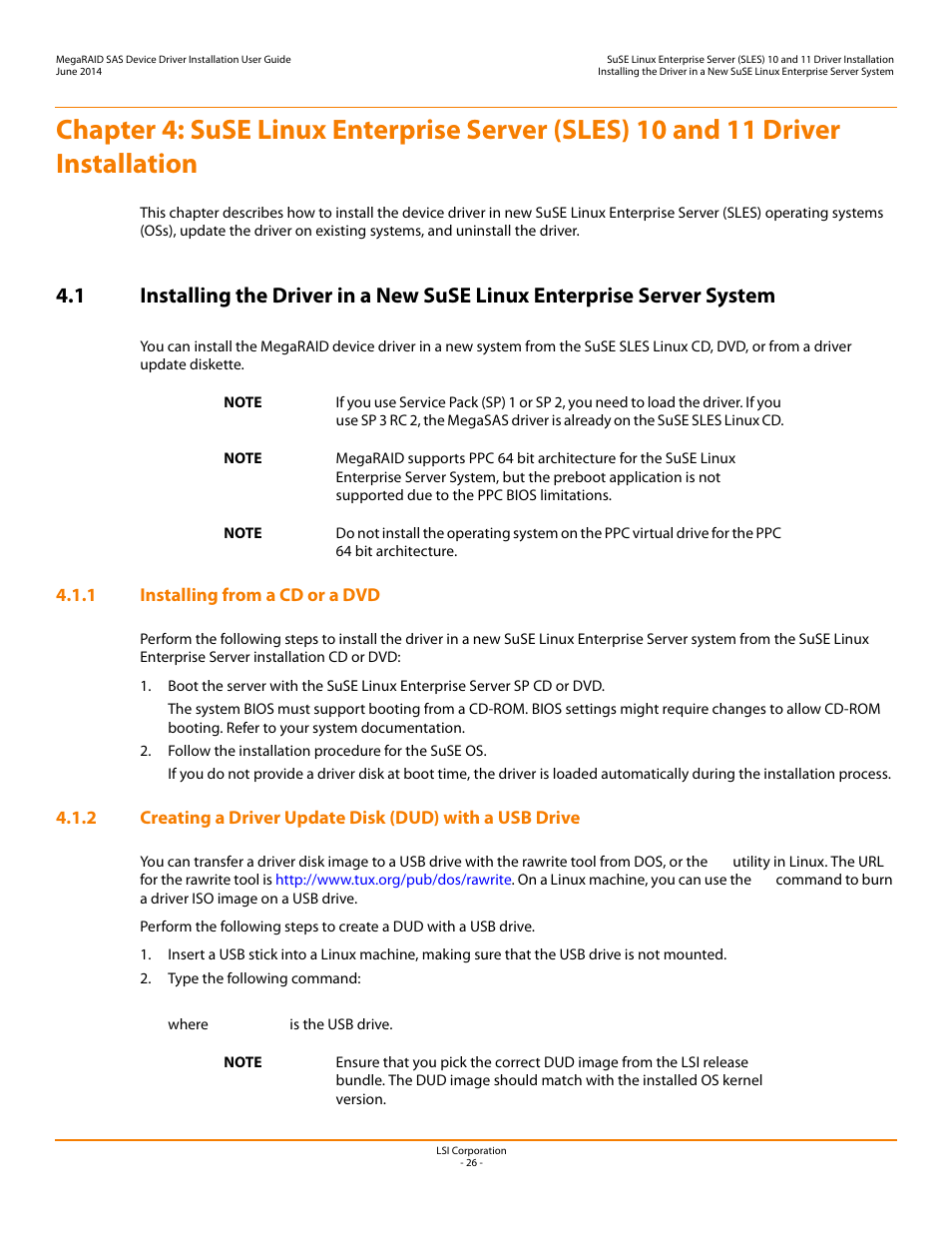 1 installing from a cd or a dvd, Chapter 4 | Avago Technologies MegaRAID SAS 9240-4i User Manual | Page 26 / 64