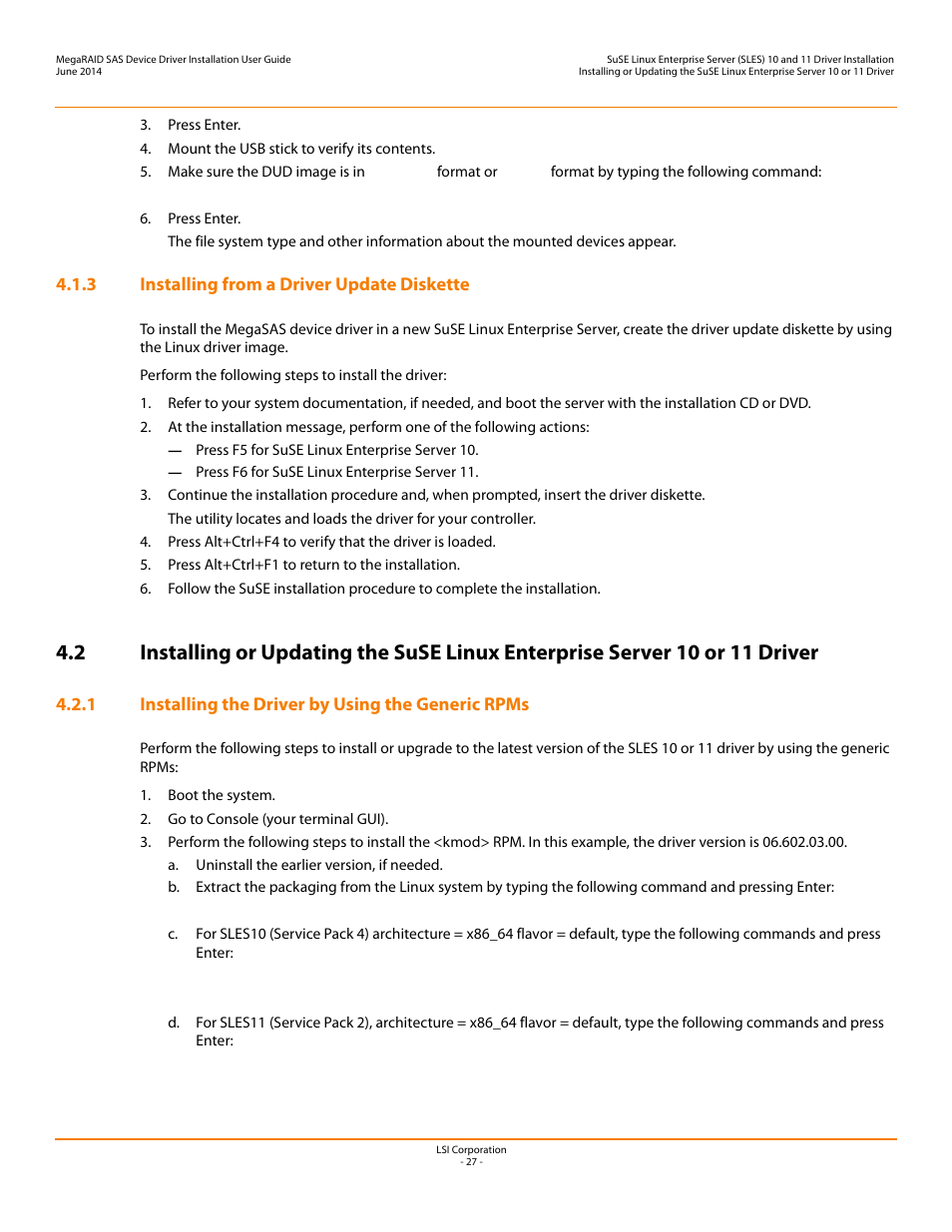 3 installing from a driver update diskette, 1 installing the driver by using the generic rpms | Avago Technologies MegaRAID SAS 9240-4i User Manual | Page 27 / 64