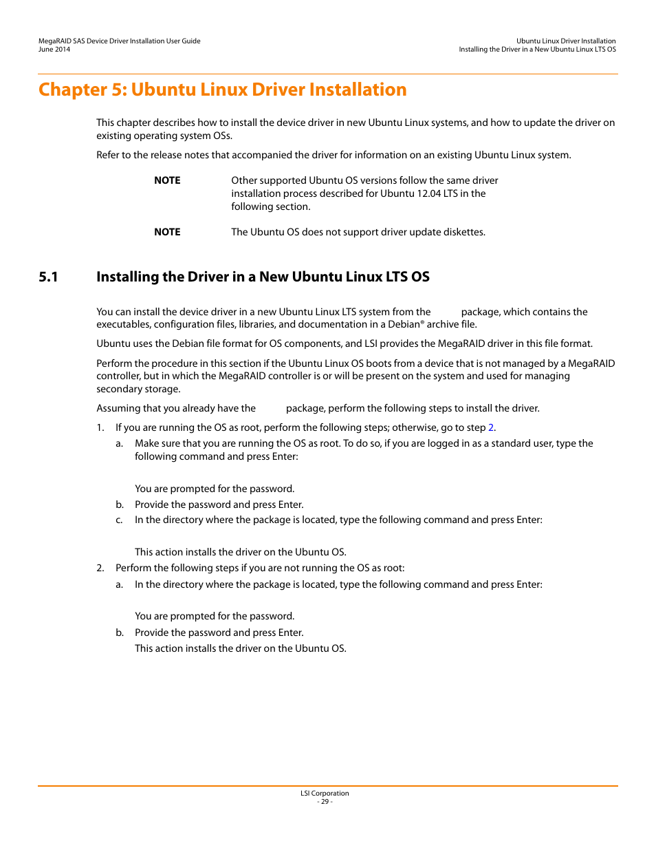 Chapter 5: ubuntu linux driver installation, Chapter 5 | Avago Technologies MegaRAID SAS 9240-4i User Manual | Page 29 / 64