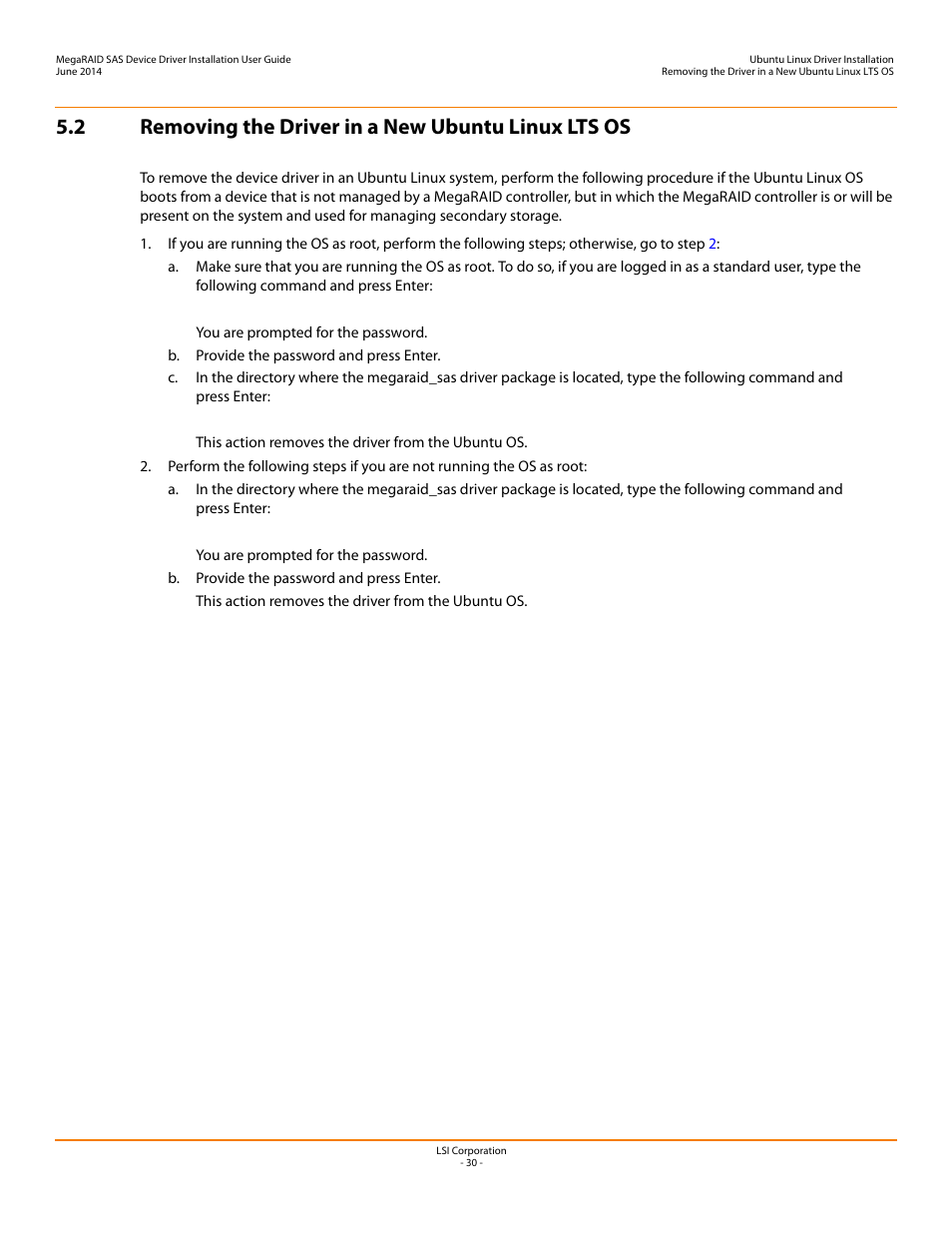 2 removing the driver in a new ubuntu linux lts os | Avago Technologies MegaRAID SAS 9240-4i User Manual | Page 30 / 64