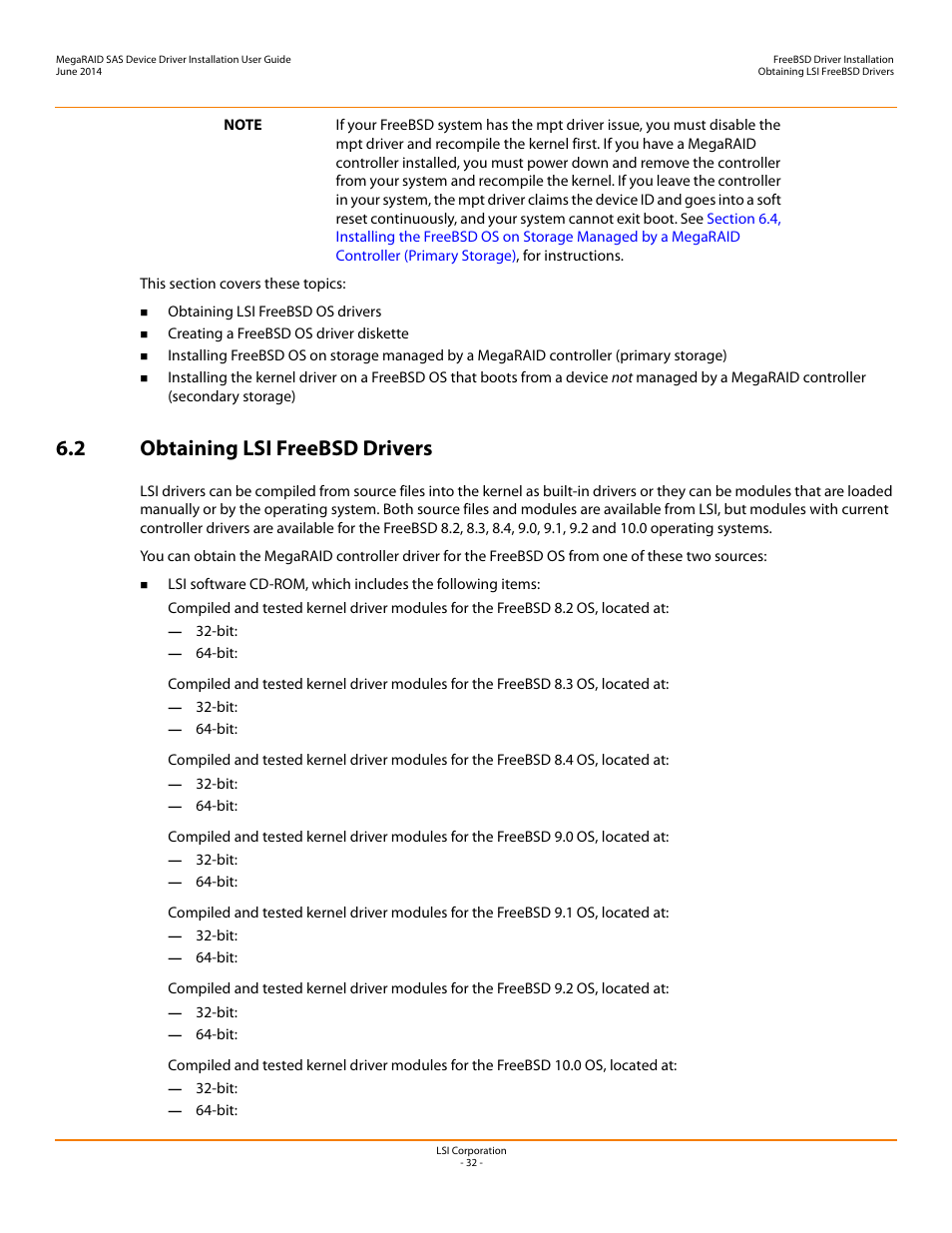 2 obtaining lsi freebsd drivers | Avago Technologies MegaRAID SAS 9240-4i User Manual | Page 32 / 64