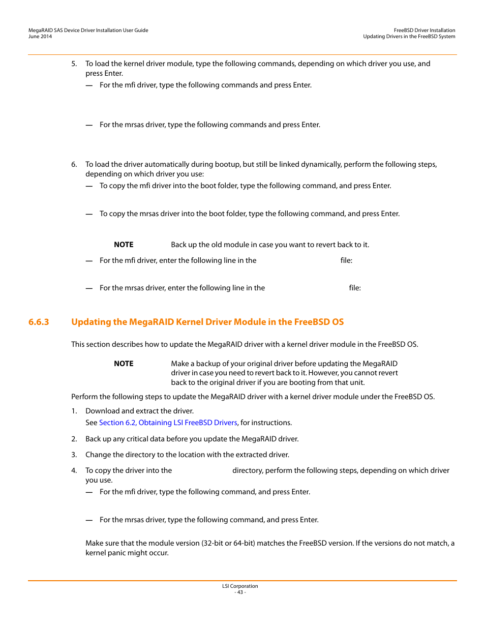 Section 6.6.3, updating the, Megaraid kernel driver module in the freebsd os | Avago Technologies MegaRAID SAS 9240-4i User Manual | Page 43 / 64