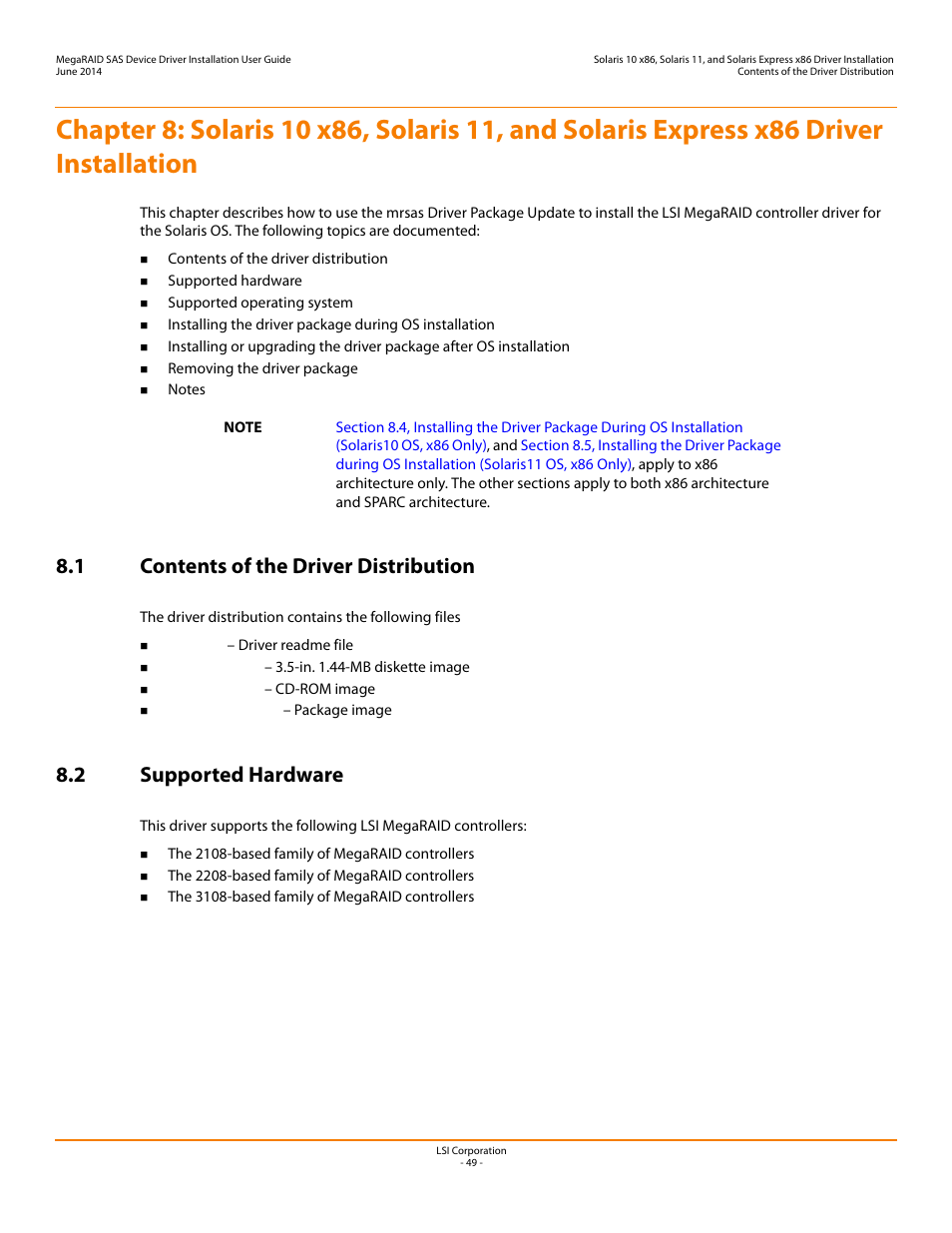 1 contents of the driver distribution, 2 supported hardware, Chapter 8 | Avago Technologies MegaRAID SAS 9240-4i User Manual | Page 49 / 64