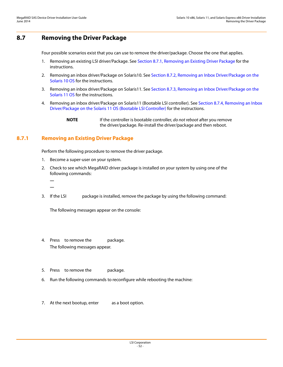 7 removing the driver package, 1 removing an existing driver package, Section 8.7, removing the driver package | Avago Technologies MegaRAID SAS 9240-4i User Manual | Page 52 / 64