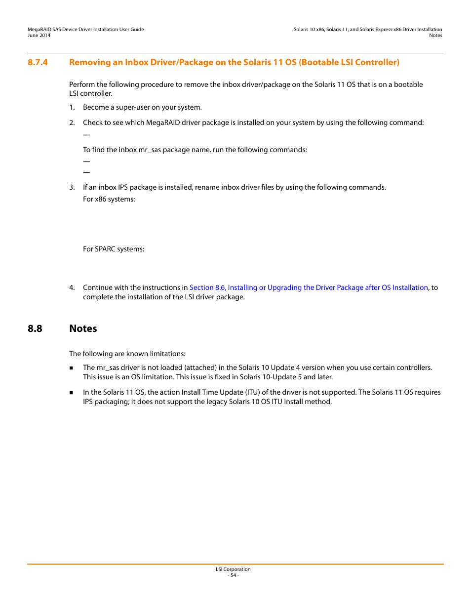 8 notes, Section 8.7.4, removing an inbox | Avago Technologies MegaRAID SAS 9240-4i User Manual | Page 54 / 64
