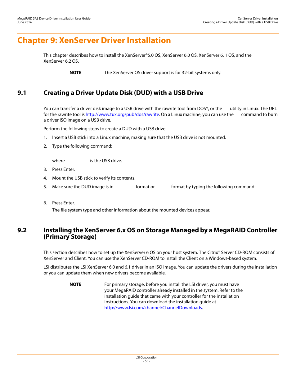 Chapter 9: xenserver driver installation, Chapter 9 | Avago Technologies MegaRAID SAS 9240-4i User Manual | Page 55 / 64