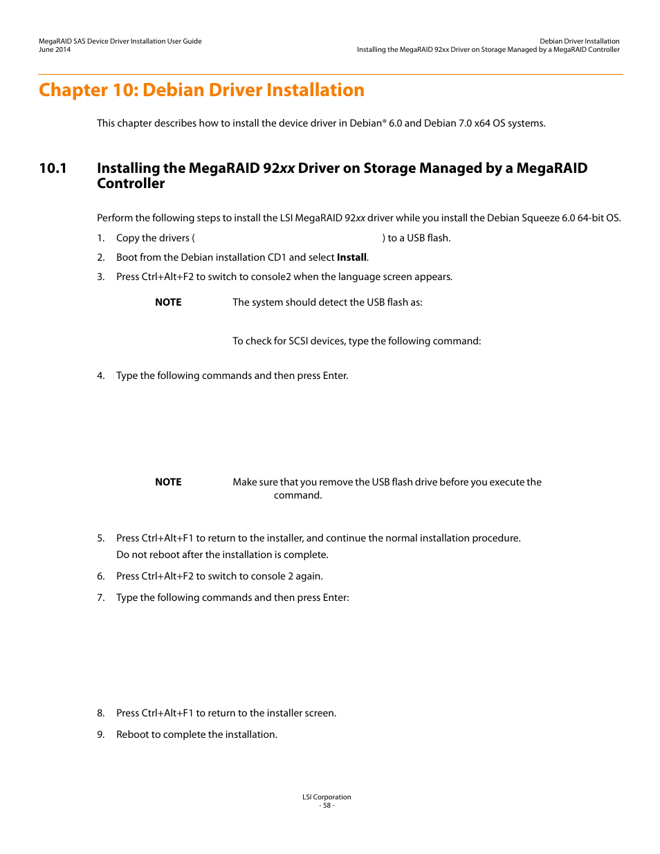 Chapter 10: debian driver installation, Chapter 10 | Avago Technologies MegaRAID SAS 9240-4i User Manual | Page 58 / 64