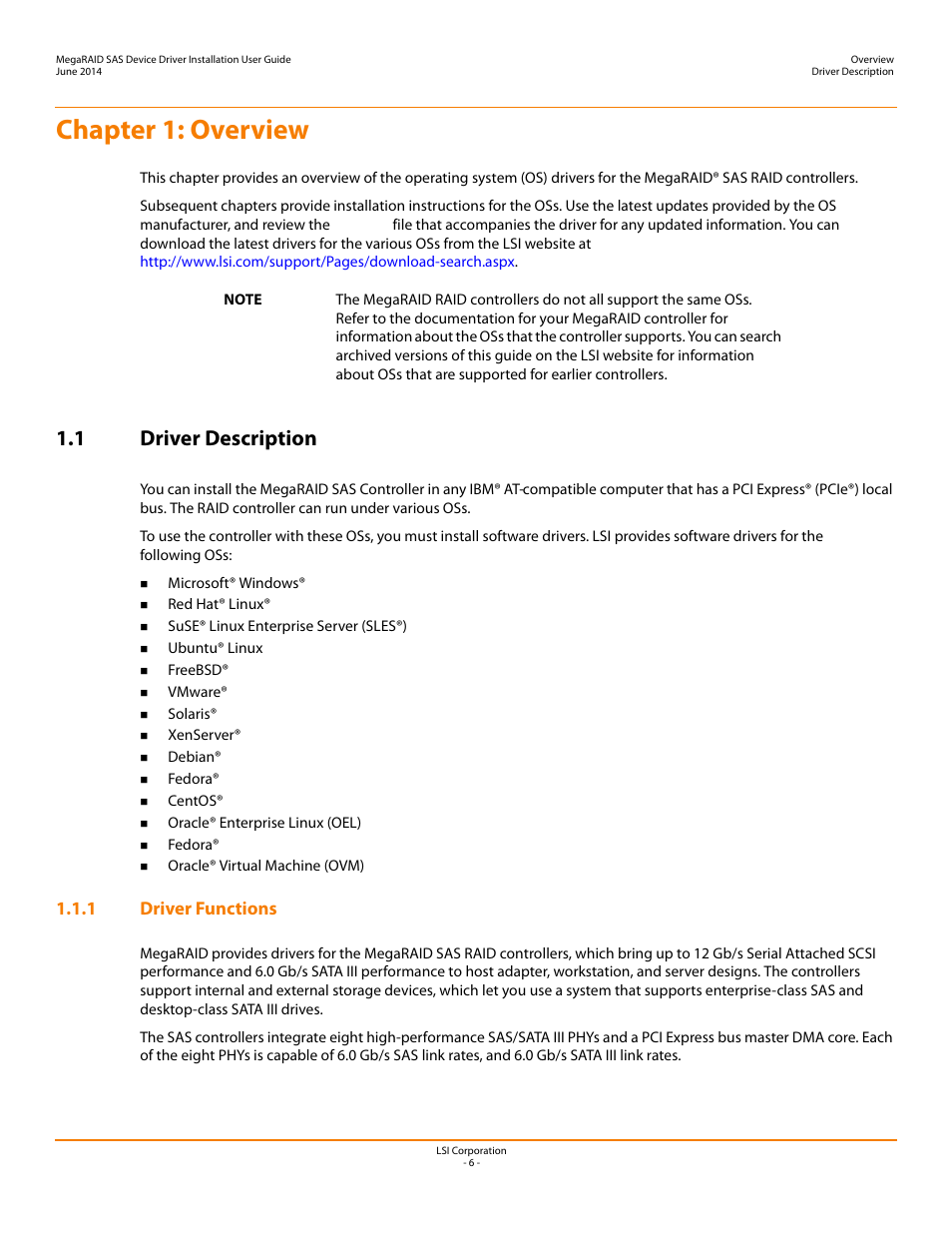 Chapter 1: overview, 1 driver description, 1 driver functions | Avago Technologies MegaRAID SAS 9240-4i User Manual | Page 6 / 64