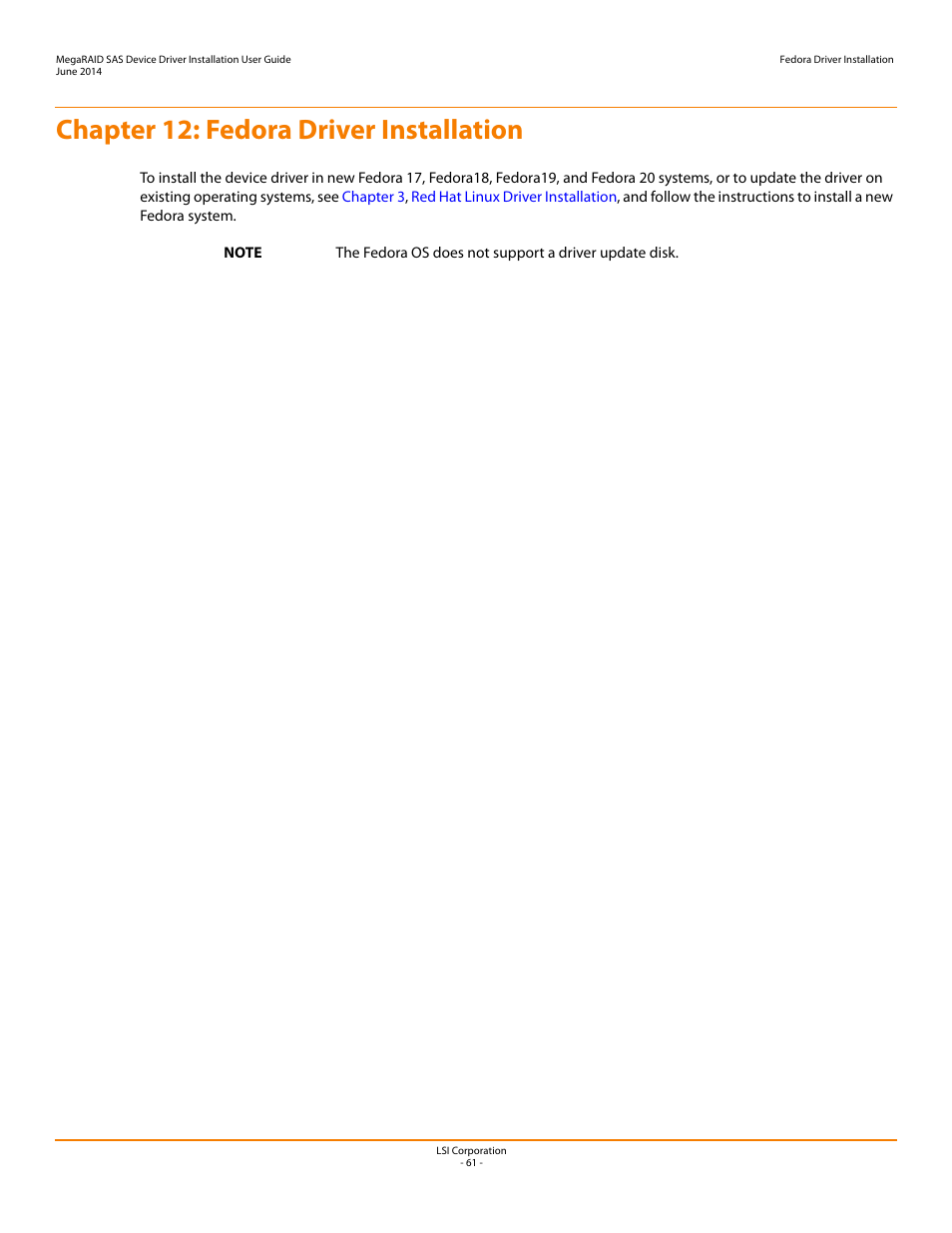 Chapter 12: fedora driver installation, Chapter 12 | Avago Technologies MegaRAID SAS 9240-4i User Manual | Page 61 / 64