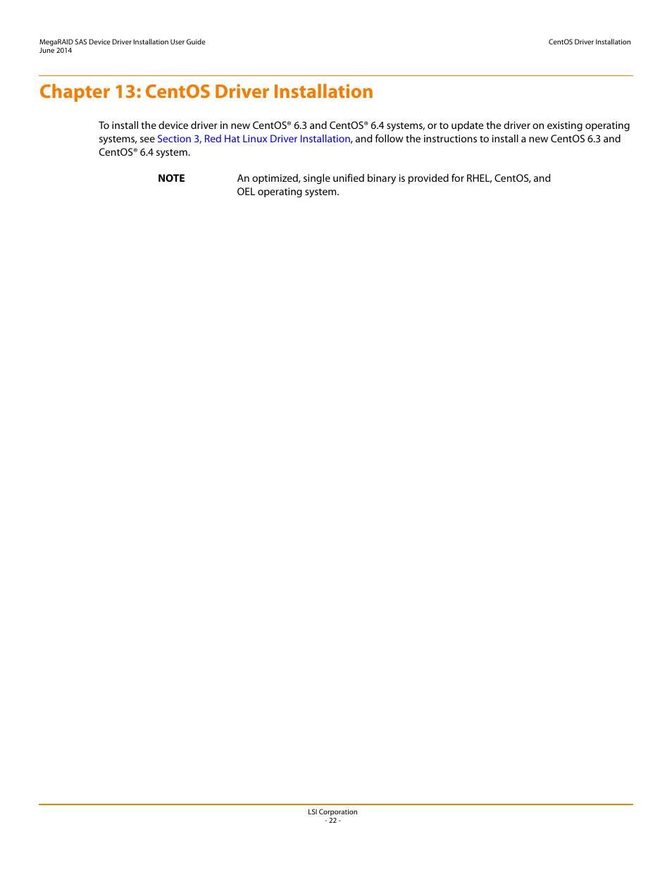 Chapter 13: centos driver installation, Chapter 13 | Avago Technologies MegaRAID SAS 9240-4i User Manual | Page 62 / 64