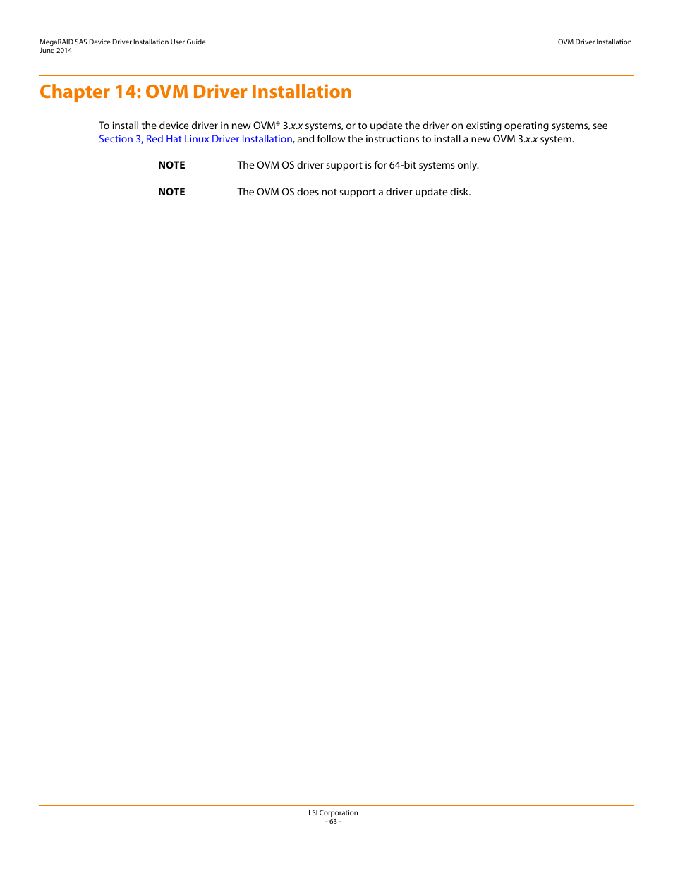 Chapter 14: ovm driver installation, Chapter 14 | Avago Technologies MegaRAID SAS 9240-4i User Manual | Page 63 / 64