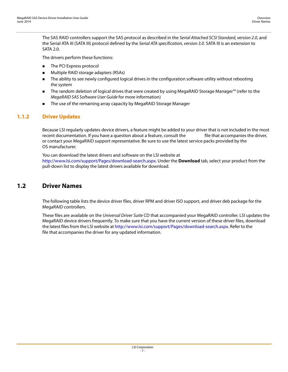 2 driver updates, 2 driver names | Avago Technologies MegaRAID SAS 9240-4i User Manual | Page 7 / 64
