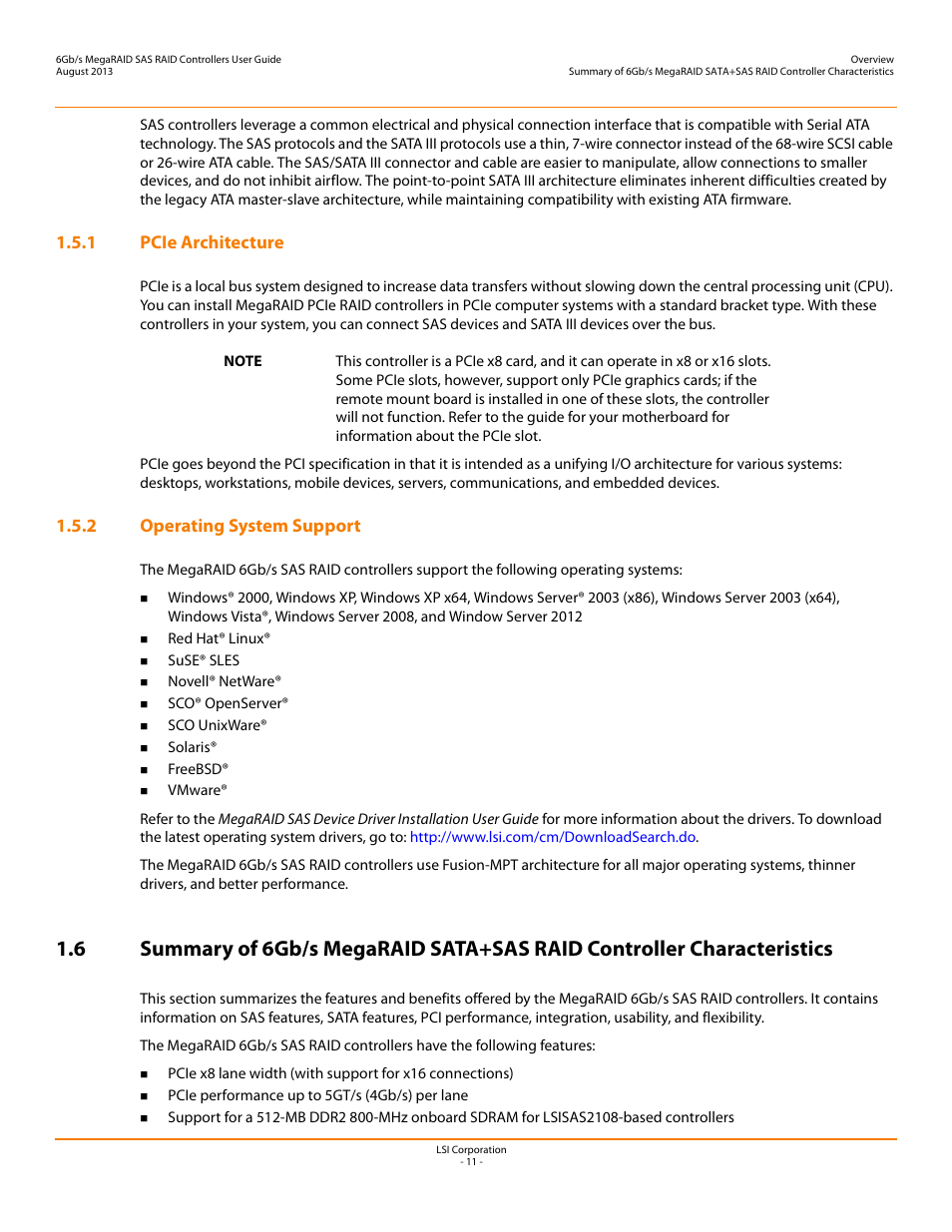 1 pcie architecture, 2 operating system support, 1 pcie architecture 1.5.2 operating system support | Avago Technologies MegaRAID SAS 9240-4i User Manual | Page 11 / 92