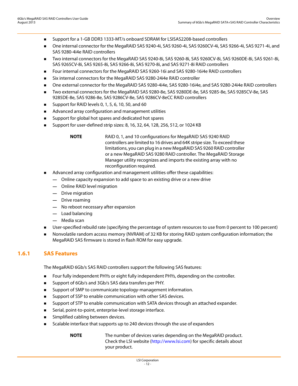 1 sas features | Avago Technologies MegaRAID SAS 9240-4i User Manual | Page 12 / 92