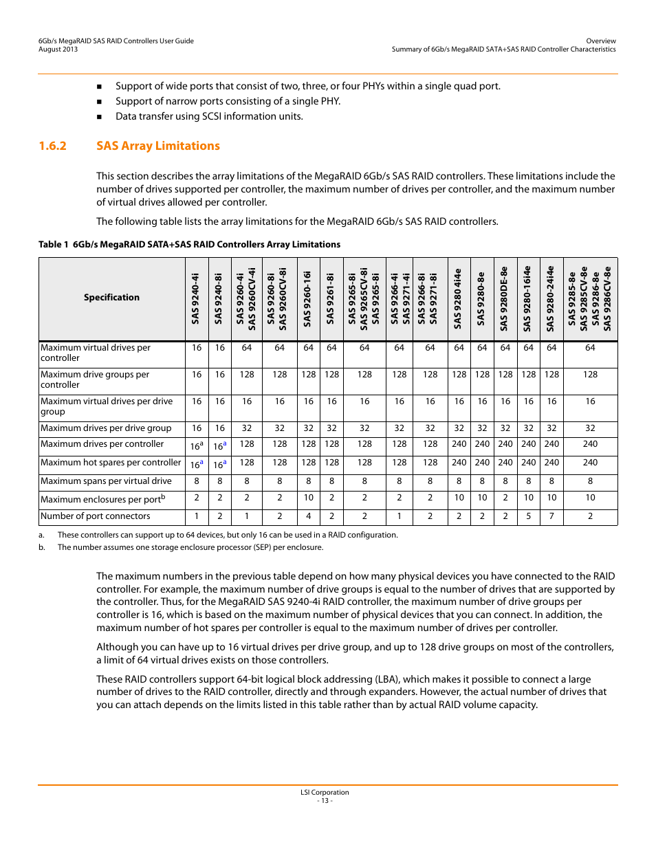 2 sas array limitations | Avago Technologies MegaRAID SAS 9240-4i User Manual | Page 13 / 92