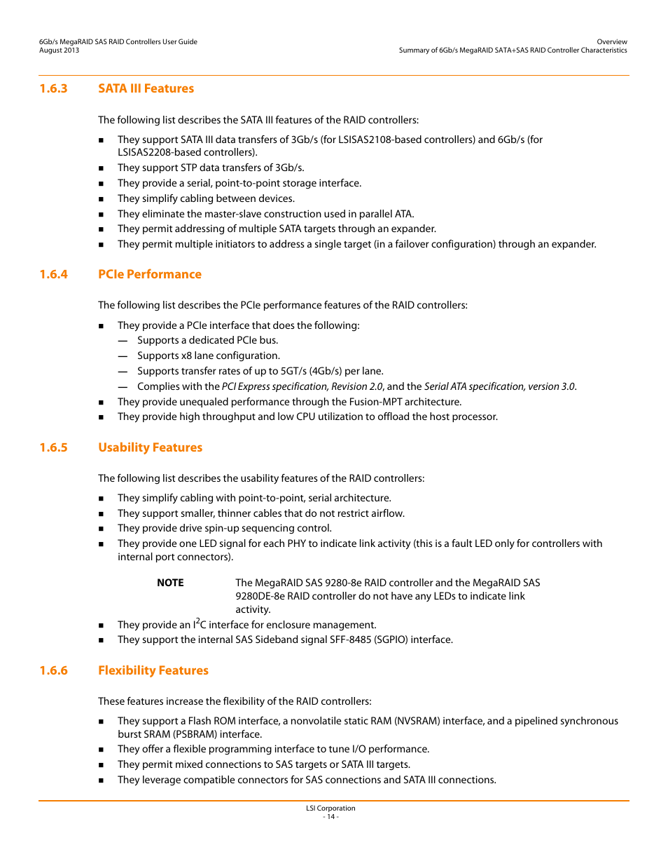 3 sata iii features, 4 pcie performance, 5 usability features | 6 flexibility features | Avago Technologies MegaRAID SAS 9240-4i User Manual | Page 14 / 92