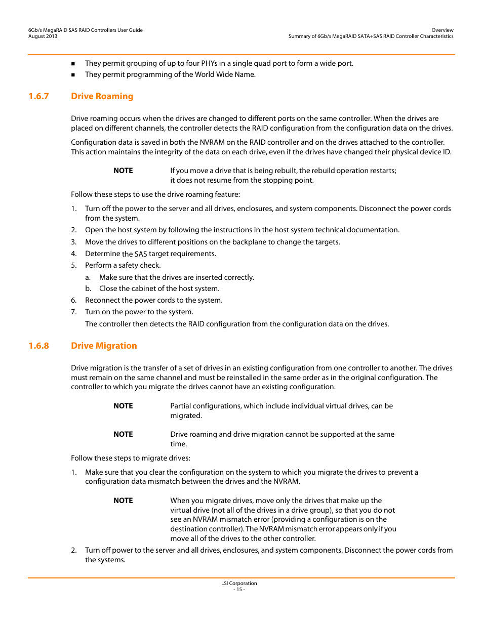 7 drive roaming, 8 drive migration, 7 drive roaming 1.6.8 drive migration | Avago Technologies MegaRAID SAS 9240-4i User Manual | Page 15 / 92