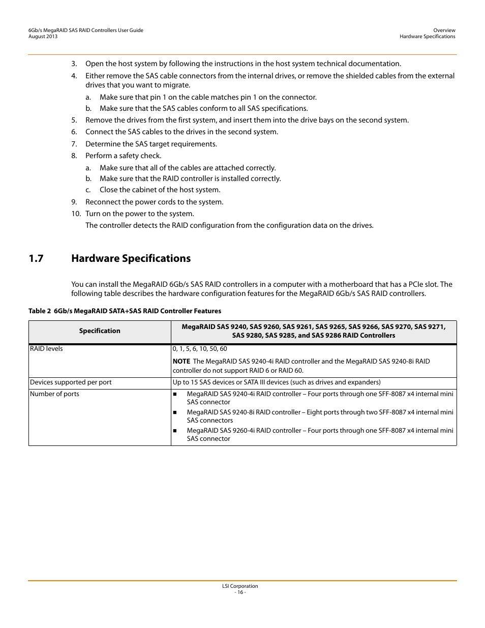 7 hardware specifications | Avago Technologies MegaRAID SAS 9240-4i User Manual | Page 16 / 92