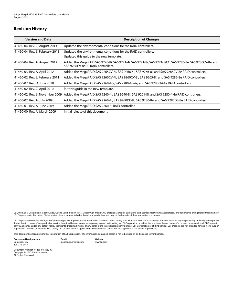 Revision history | Avago Technologies MegaRAID SAS 9240-4i User Manual | Page 2 / 92