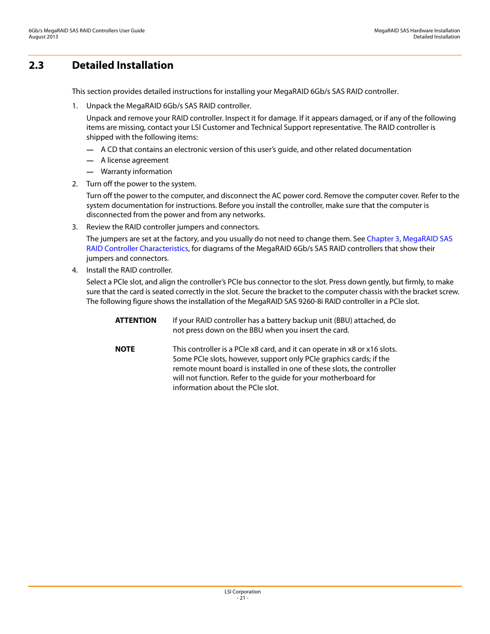 3 detailed installation, Section 2.3, detailed installation | Avago Technologies MegaRAID SAS 9240-4i User Manual | Page 21 / 92