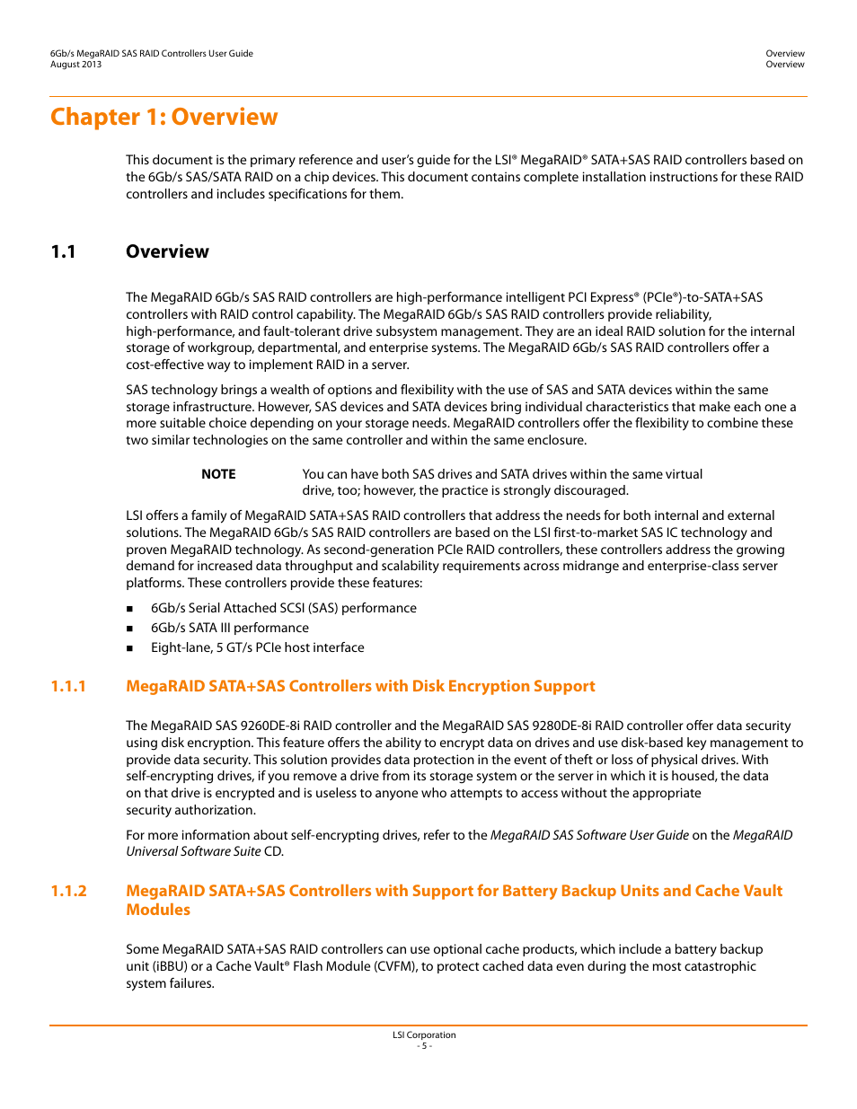 Chapter 1: overview, 1 overview | Avago Technologies MegaRAID SAS 9240-4i User Manual | Page 5 / 92