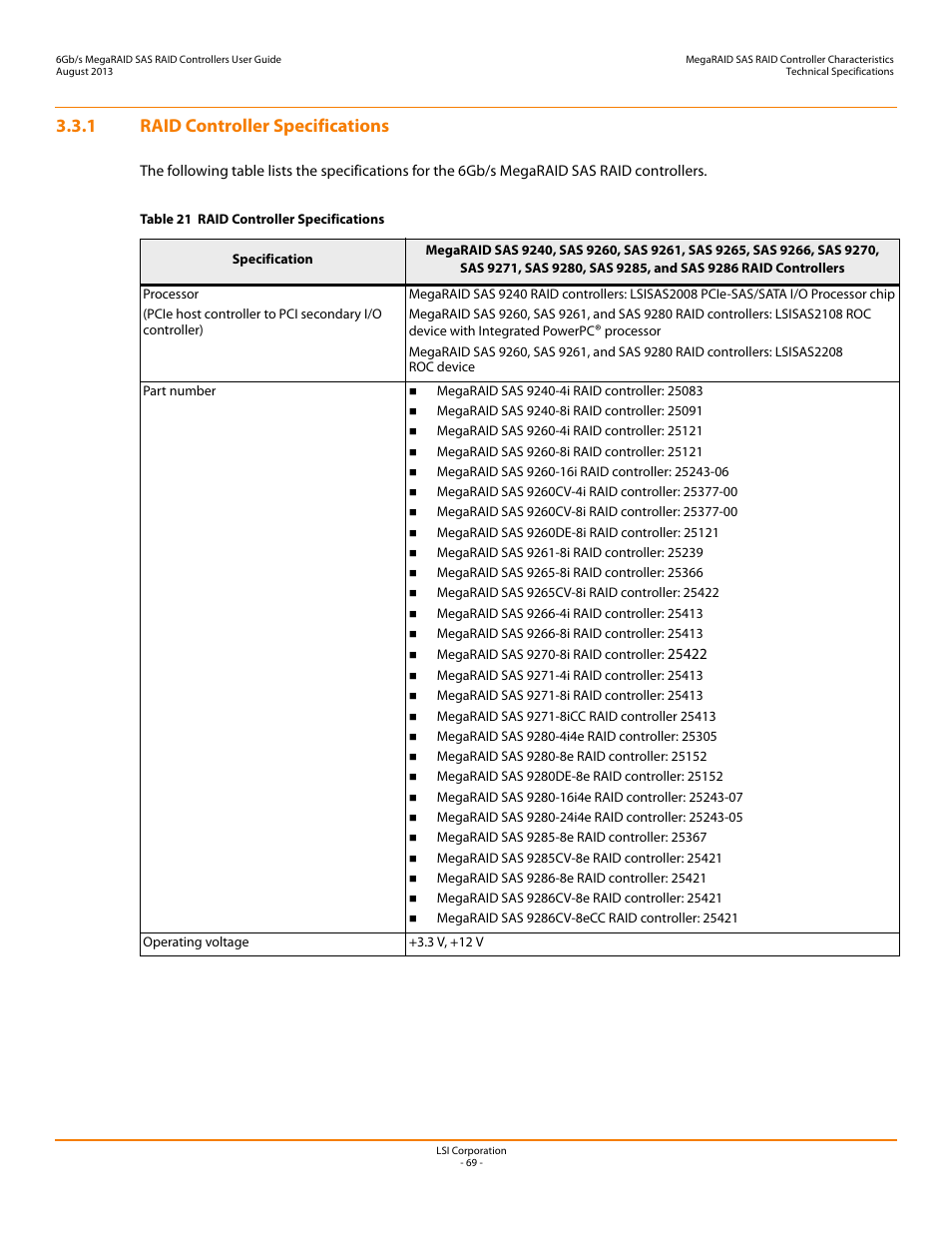 1 raid controller specifications | Avago Technologies MegaRAID SAS 9240-4i User Manual | Page 69 / 92