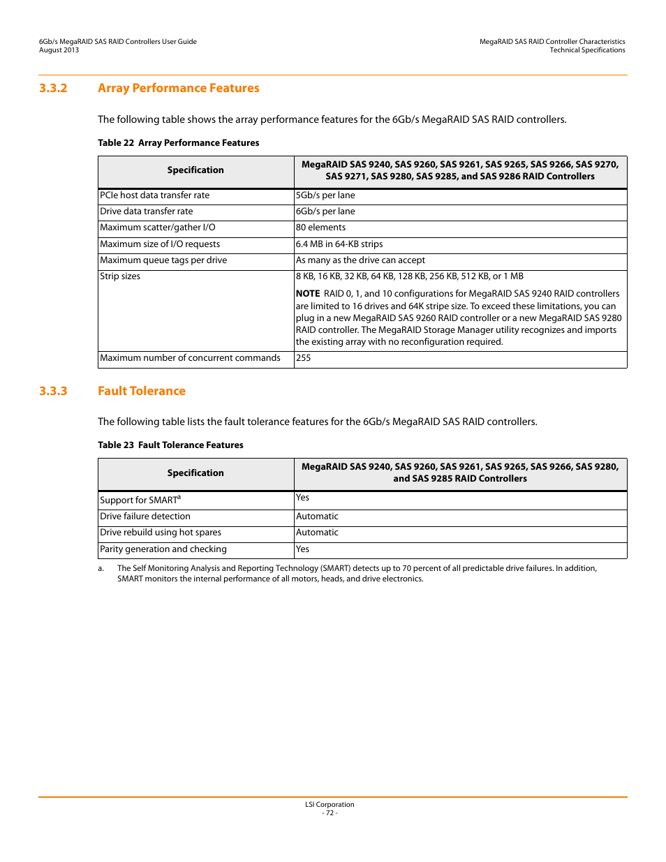 2 array performance features, 3 fault tolerance, 2 array performance features 3.3.3 fault tolerance | Avago Technologies MegaRAID SAS 9240-4i User Manual | Page 72 / 92