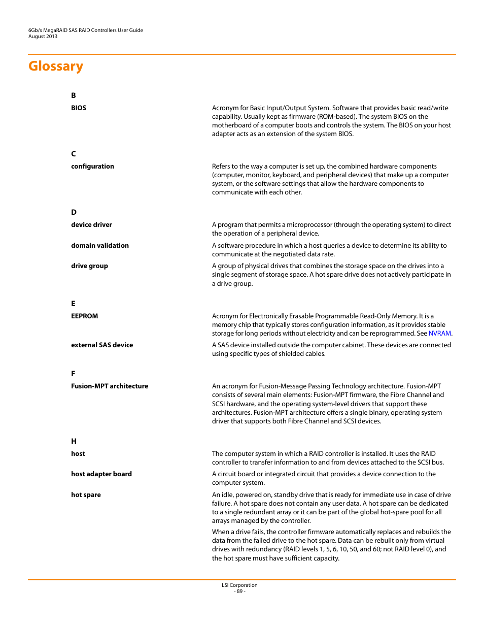 Glossary | Avago Technologies MegaRAID SAS 9240-4i User Manual | Page 89 / 92