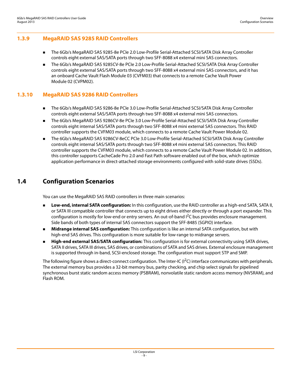 9 megaraid sas 9285 raid controllers, 10 megaraid sas 9286 raid controllers, 4 configuration scenarios | Avago Technologies MegaRAID SAS 9240-4i User Manual | Page 9 / 92