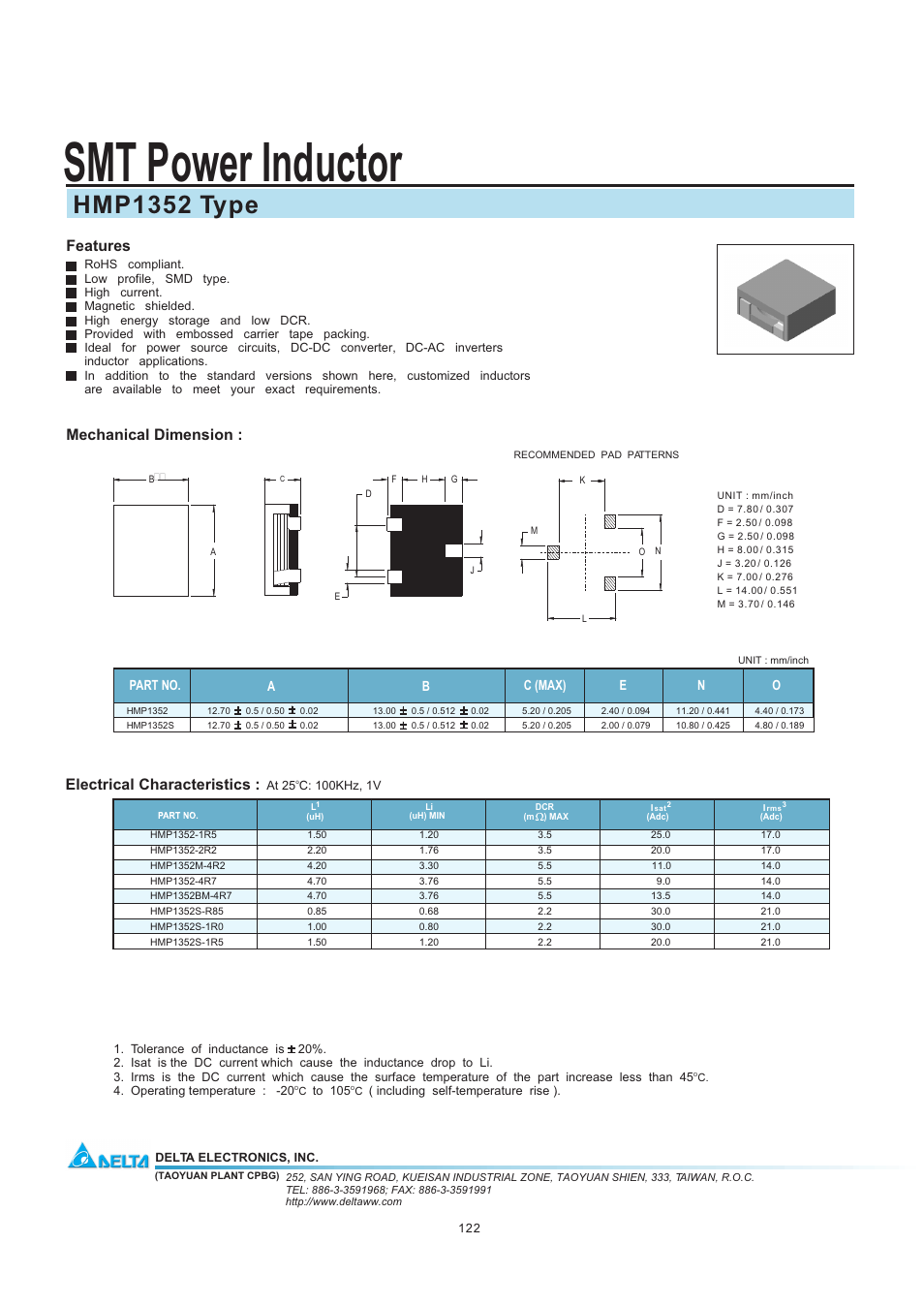 Delta Electronics SMT Power Inductor HMP1352 User Manual | 1 page