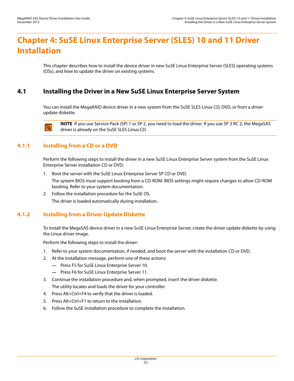 1 installing from a cd or a dvd, 2 installing from a driver update diskette, Chapter 4 | Avago Technologies MegaRAID SAS 9240-4i User Manual | Page 22 / 49