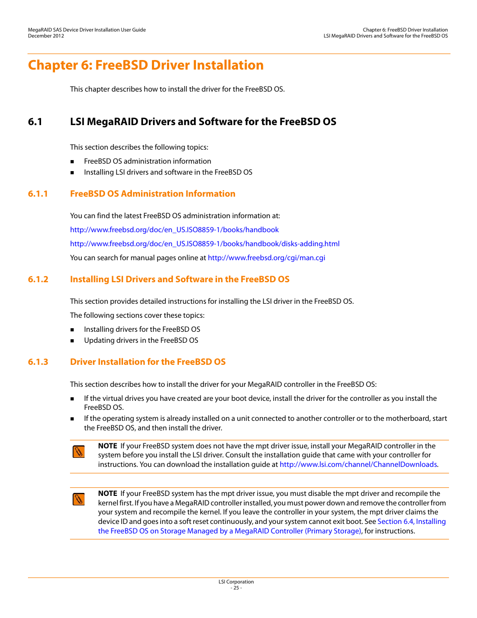 Chapter 6: freebsd driver installation, 1 freebsd os administration information, 3 driver installation for the freebsd os | Chapter 6 | Avago Technologies MegaRAID SAS 9240-4i User Manual | Page 25 / 49