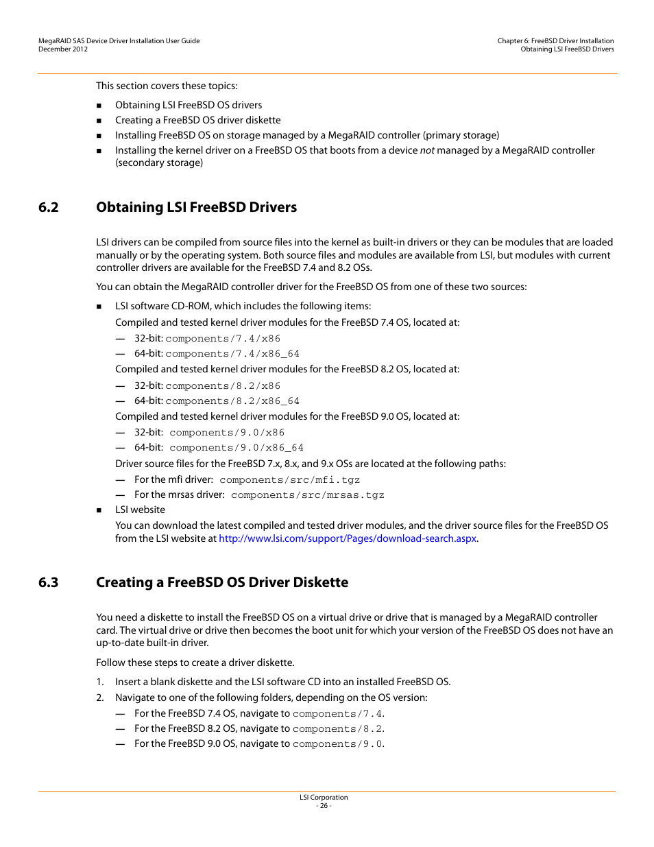 2 obtaining lsi freebsd drivers, 3 creating a freebsd os driver diskette | Avago Technologies MegaRAID SAS 9240-4i User Manual | Page 26 / 49