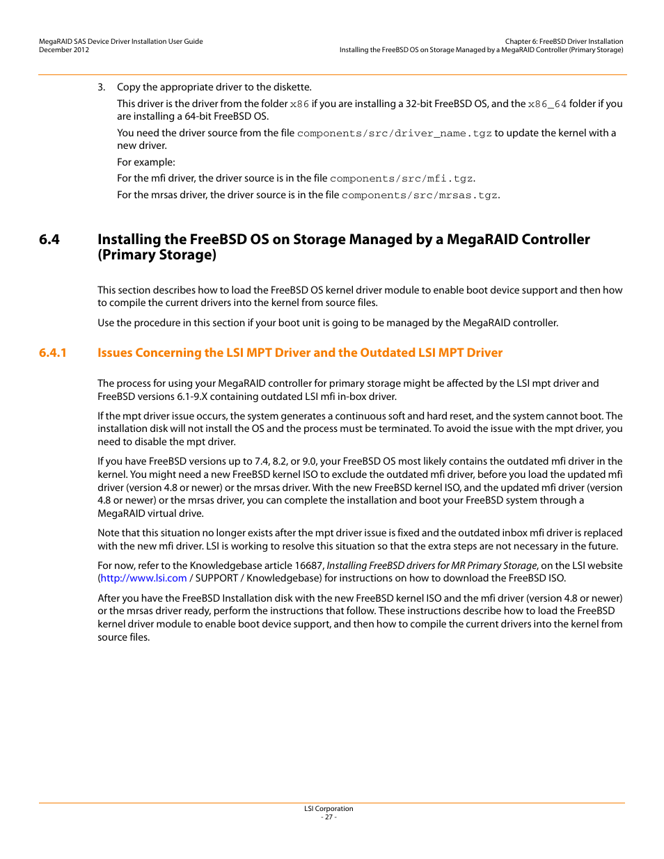 Section 6.4, installing | Avago Technologies MegaRAID SAS 9240-4i User Manual | Page 27 / 49