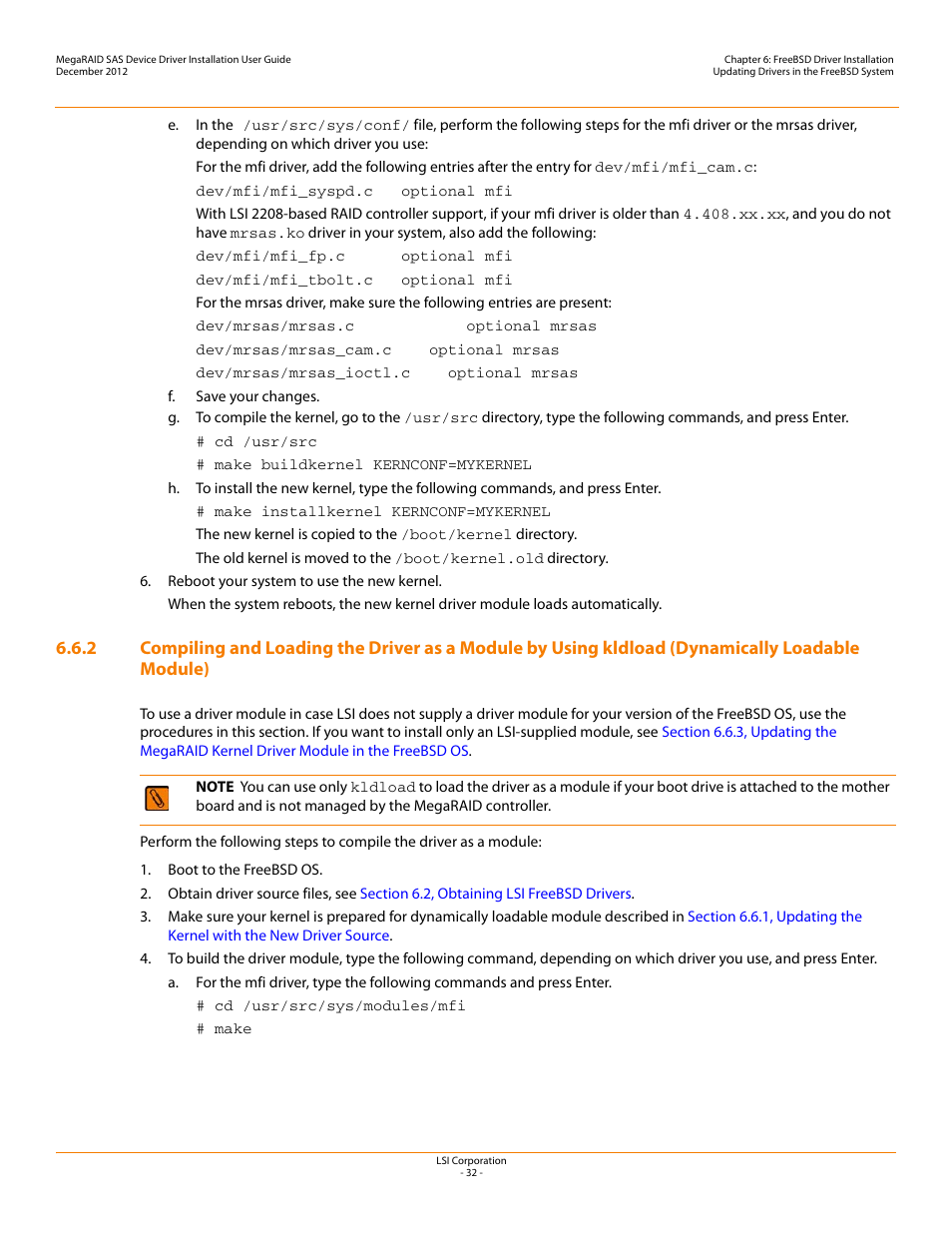 Section 6.6.2, compiling, Kldload (dynamically loadable module) | Avago Technologies MegaRAID SAS 9240-4i User Manual | Page 32 / 49