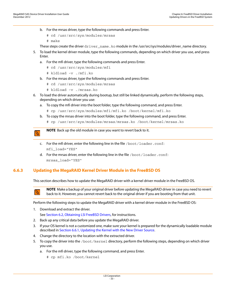 Section 6.6.3, updating the, Megaraid kernel driver module in the freebsd os | Avago Technologies MegaRAID SAS 9240-4i User Manual | Page 33 / 49