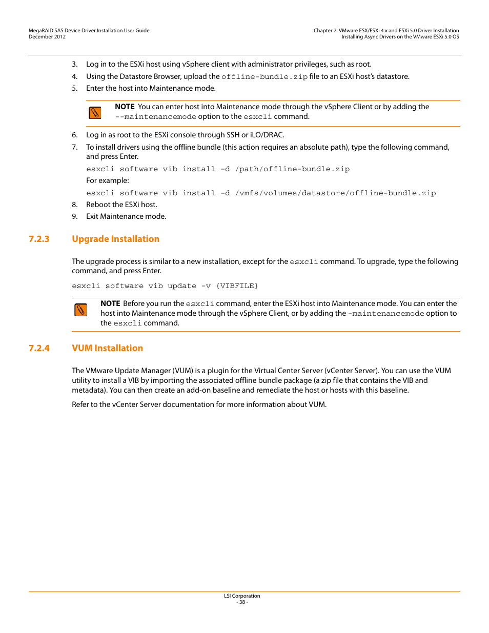 3 upgrade installation, 4 vum installation, 3 upgrade installation 7.2.4 vum installation | Avago Technologies MegaRAID SAS 9240-4i User Manual | Page 38 / 49