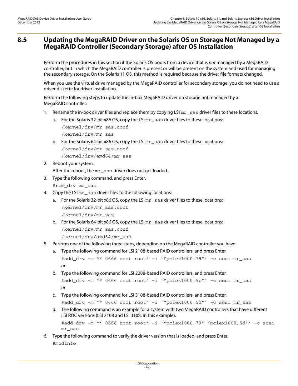 Installation, Described in | Avago Technologies MegaRAID SAS 9240-4i User Manual | Page 42 / 49
