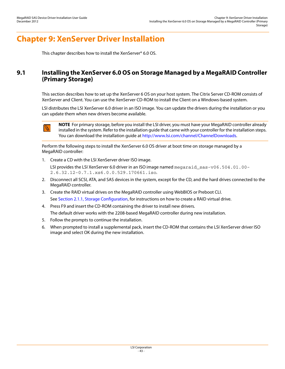 Chapter 9: xenserver driver installation, Chapter 9 | Avago Technologies MegaRAID SAS 9240-4i User Manual | Page 43 / 49