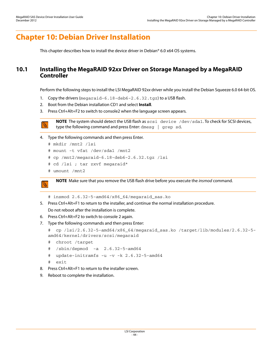 Chapter 10: debian driver installation, Chapter 10 | Avago Technologies MegaRAID SAS 9240-4i User Manual | Page 44 / 49
