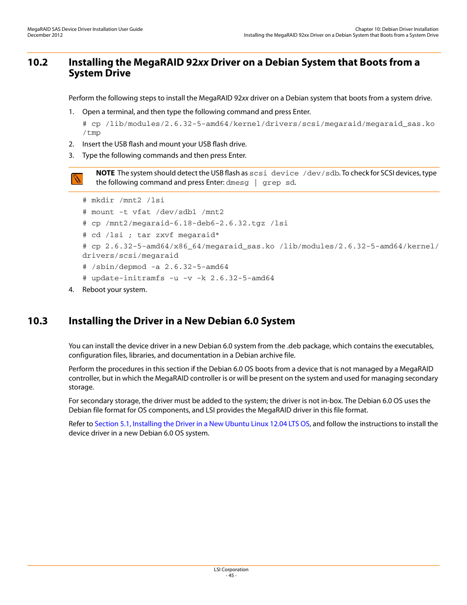 3 installing the driver in a new debian 6.0 system | Avago Technologies MegaRAID SAS 9240-4i User Manual | Page 45 / 49