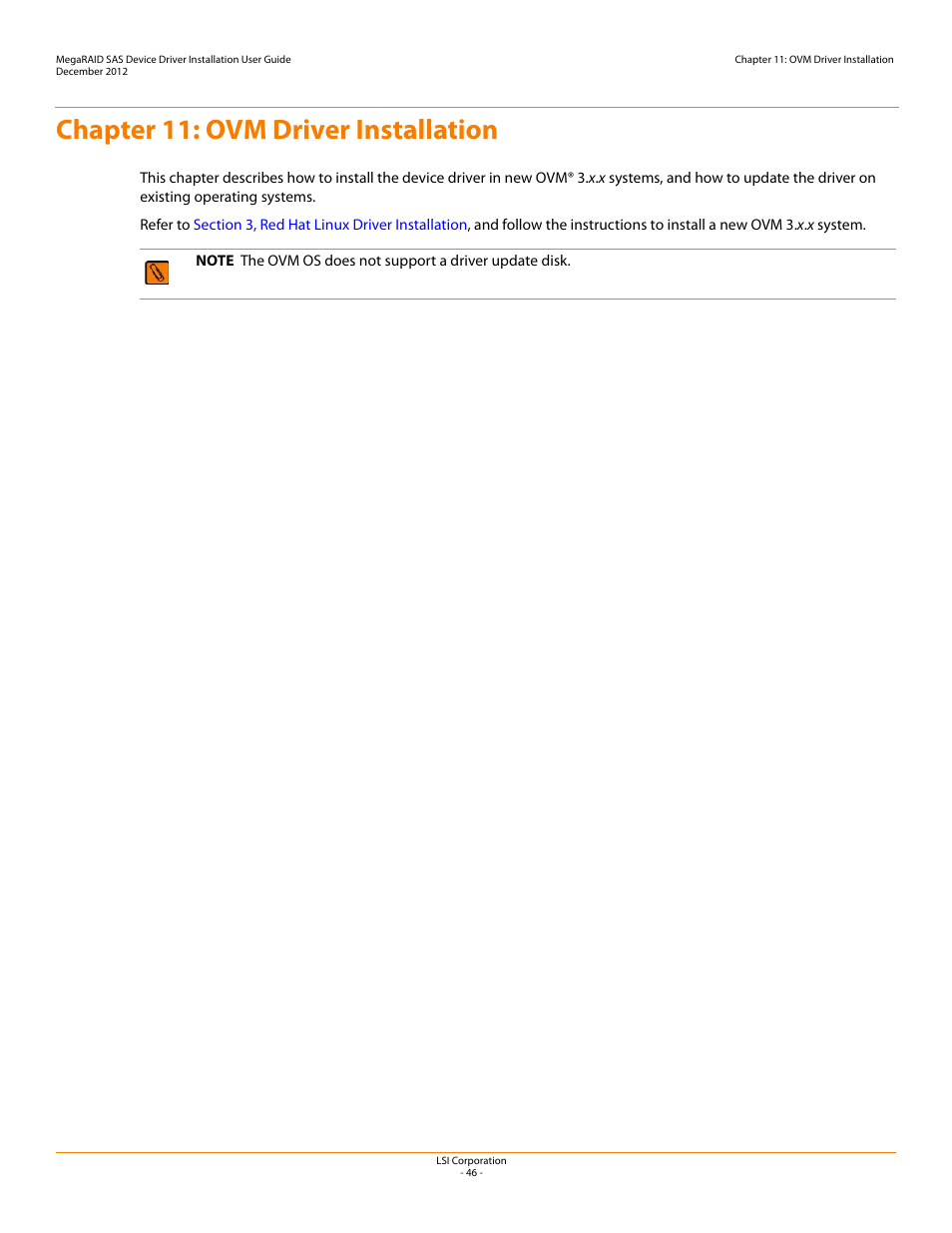 Chapter 11: ovm driver installation, Chapter 11 | Avago Technologies MegaRAID SAS 9240-4i User Manual | Page 46 / 49